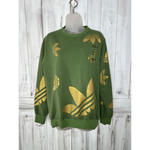 MENS ADIDAS GREEN GOLD METALLIC ALLOVER TREFOIL LOGO PULLOVER SWEATSHIRT S? - Picture 1 of 14